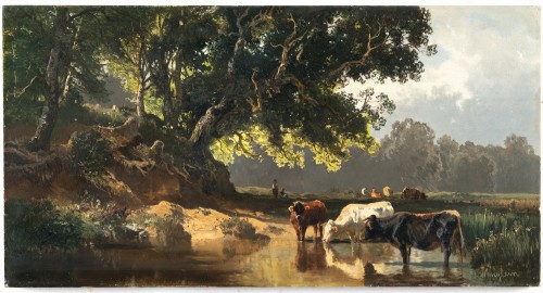 Vaches à l'abreuvoir - Josef Wenglein (1845 - 1919)