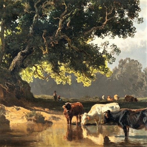Vaches à l'abreuvoir - Josef Wenglein (1845 - 1919) - Tableaux et dessins Style 