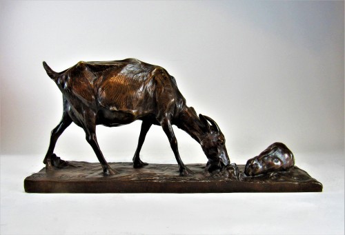 Sculpture Sculpture en Bronze - Chèvre et lapin - Josuë Dupon (1864-1935)