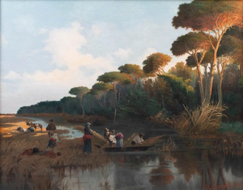 Corrodi -  river scene at sunset with figures gathering reeds