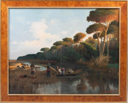 Corrodi - rivière au coucher du soleil avec des personnages rassemblant des cannes - Tableaux et dessins Style 