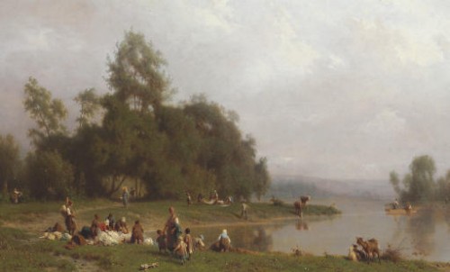 Paintings & Drawings  - Washerwomen By The River - Karl Girardet (1813-1871)