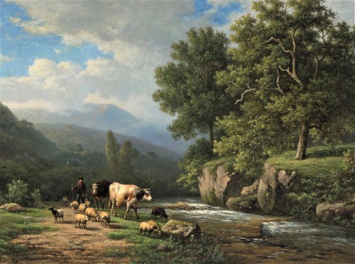 Troupeau bord de rivière -  Verboeckhoven Eugène (1798 - 1881)