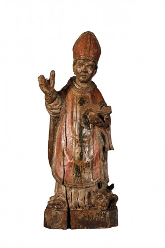 16th C Statuette in  polychrome walnut wood representing St Lupus of Troyes
