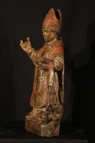 16th C Statuette in  polychrome walnut wood representing St Lupus of Troyes - Sculpture Style 