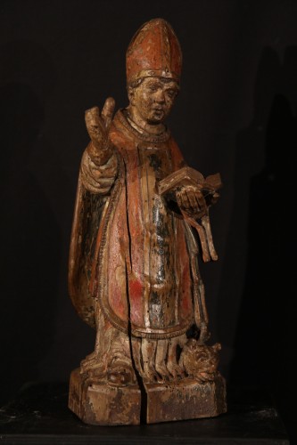 Sculpture  - 16th C Statuette in  polychrome walnut wood representing St Lupus of Troyes