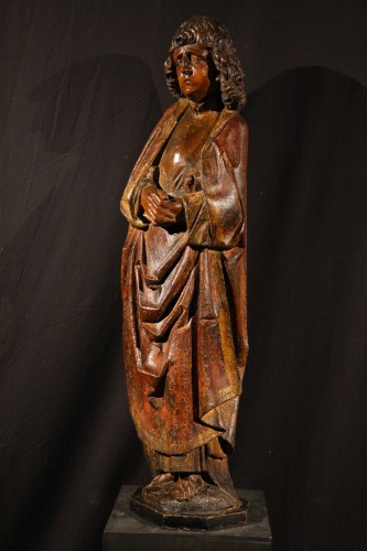 Saint Jean de calvaire en noyer avec restes de polychromie, Allemagne du Sud XVe siècle - Sculpture Style Moyen Âge