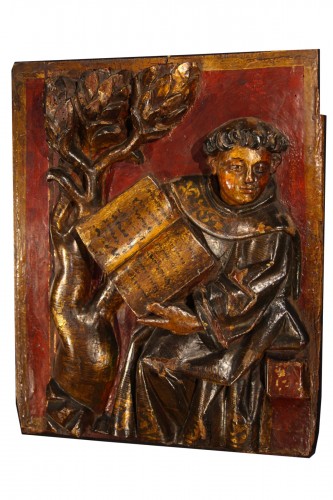 Elément de retable en bois de noyer sculpté et polychrome. Espagne fin du XVIe siècle