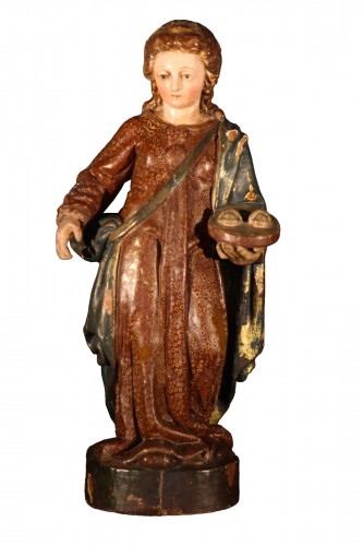 Saint Lucy of Syracuse. 18th C polychrome wooden statue. From Spain.