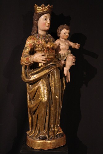 Sculpture Sculpture en Bois - Vierge à l’Enfant, statue en noyer doré et polychromé - Espagne XVIIe siècle