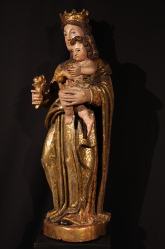 Vierge à l’Enfant, statue en noyer doré et polychromé - Espagne XVIIe siècle - Chatelan Antiquités