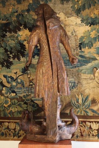 Antiquités - St George and the dragon Important carved wooden statue 17th century