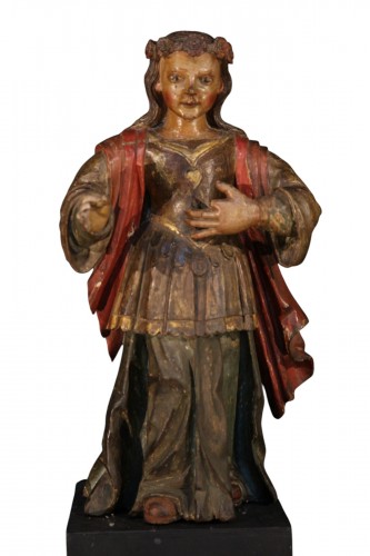 17th C Statue of a saint young woman with a crown of flowers