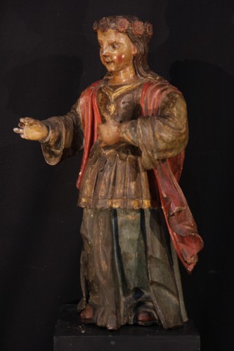 17th C Statue of a saint young woman with a crown of flowers - Sculpture Style 