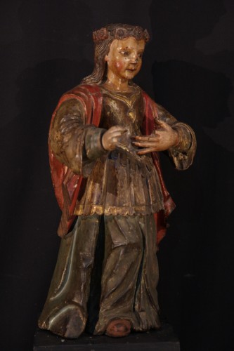 Sculpture  - 17th C Statue of a saint young woman with a crown of flowers