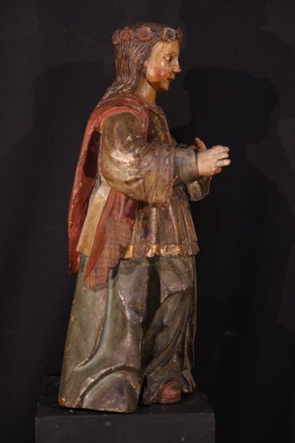 17th C Statue of a saint young woman with a crown of flowers - 