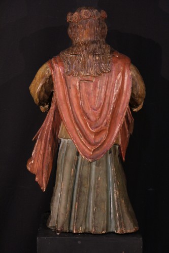 17th C Statue of a saint young woman with a crown of flowers - 