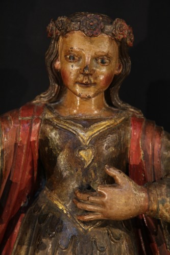  - 17th C Statue of a saint young woman with a crown of flowers