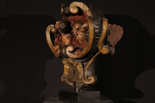 Top of a processional stick in polychrome wood dated 1736. - Religious Antiques Style 