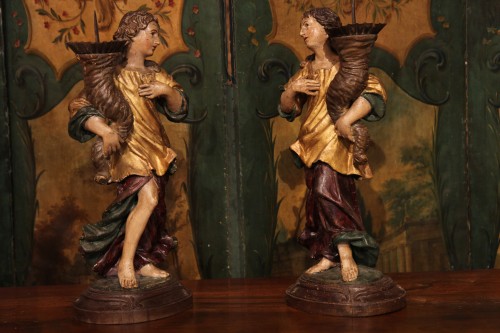 Pair of gilded and polychrome wood torchbearer angels late 17th century - Religious Antiques Style 