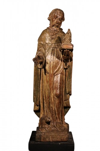St. Anthony the Hermit., 16th C Carved oak statue with traces of polychromy