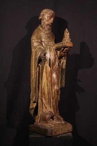St. Anthony the Hermit., 16th C Carved oak statue with traces of polychromy - Sculpture Style 