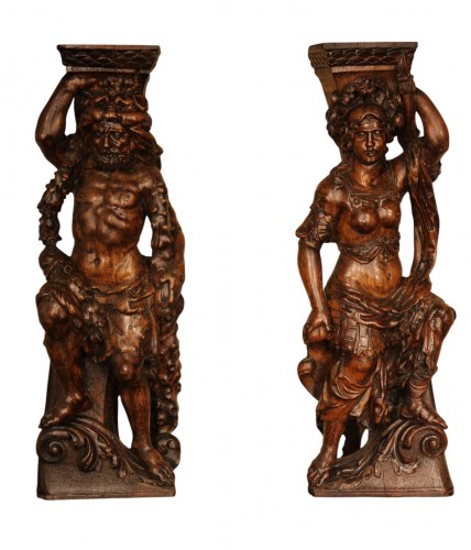 Héraclès et Athéna, paire de cariatides en bois, Italie début XVIIe siècle