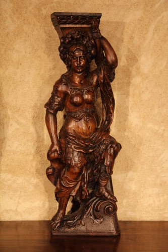 Héraclès et Athéna, paire de cariatides en bois, Italie début XVIIe siècle - Sculpture Style 
