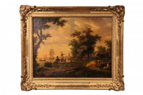 Scène pastorale en bord de mer, école hollandaise du 19e siècle