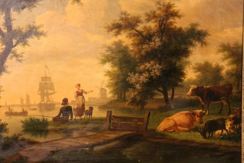 Scène pastorale en bord de mer, école hollandaise du 19e siècle - Tableaux et dessins Style 