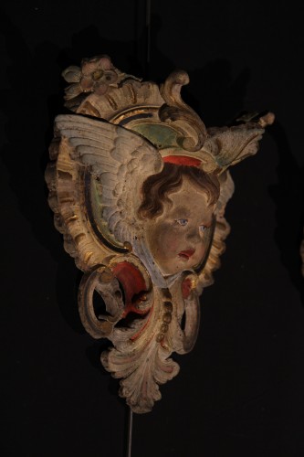 Pair of polychromed cast iron winged angel heads - Decorative Objects Style 