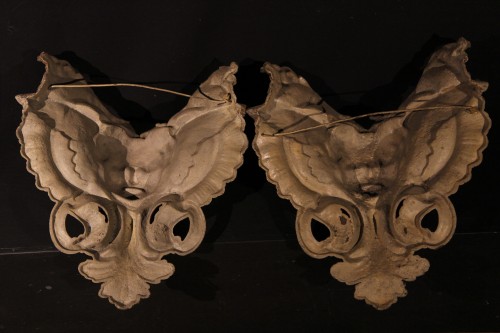 Pair of polychromed cast iron winged angel heads - 