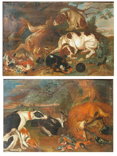 Ecole flamande du XVIIe, Paire d'huiles sur toile à décor de scènes de chasse - Chatelan Antiquités