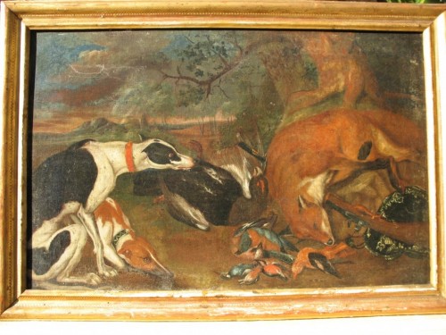 Tableaux et dessins Tableaux XVIIe siècle - Paire d'huiles sur toile à décor de scènes de chasse Ecole flamande du XVIIe.