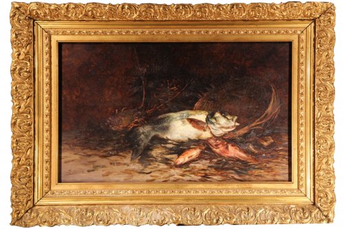 19thC still life Painting with fish - Eugène-Benoît BAUDIN (1843-1907)