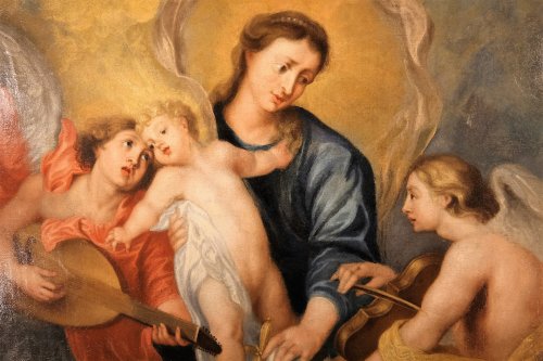 Virgin and Child with musician angels - 17th C French school. - Paintings & Drawings Style 