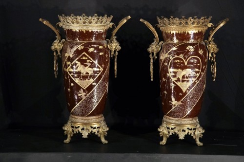 Late 19th C pair of vases in porcelain with bronze mounting. - 