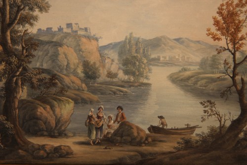 Paire de gouaches, Paysages animés - Ecole française du XVIIIe siècle - Tableaux et dessins Style 