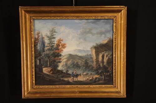 Tableaux et dessins Tableaux XVIIIe siècle - Paire de gouaches, Paysages animés - Ecole française du XVIIIe siècle