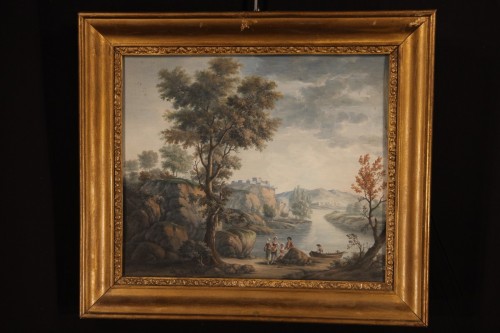 18th century - Pair of gouaches, Landscapes with figures - 18th C French school