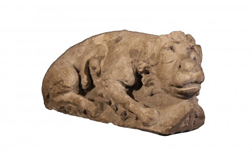 12th C Romanesque Sculpture. A lying lion, in limestone