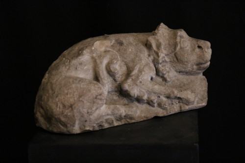 Sculpture  - 12th C Romanesque Sculpture. A lying lion, in limestone