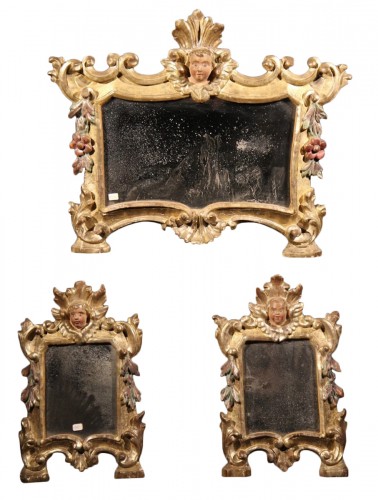 18th C set of 3 small mirrors in carved, gilt and polychrome wood. From Ita