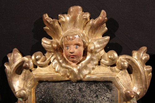 Mirrors, Trumeau  - 18th C set of 3 small mirrors in carved, gilt and polychrome wood. From Ita