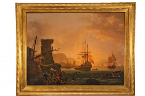 Oil on canvas. 18th C French School. Imaginary port at the sunset. 