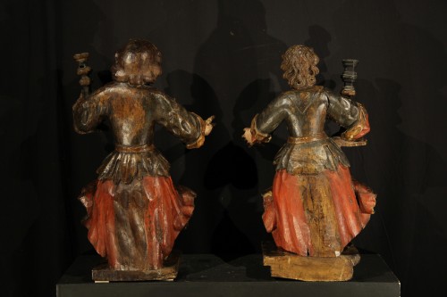 17th C Pair of candle holders in carved and polychrome walnut wood - Religious Antiques Style 