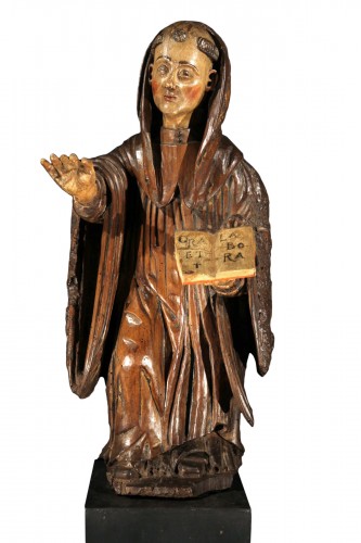 16th C Statue in polychrome walnut wood representing Saint Benedict. France