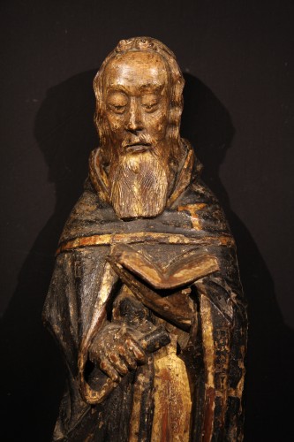 St Antoine le Grand en b doré et polychrome, époque gothique - Sculpture Style Moyen Âge