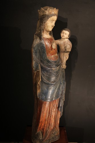 14thC Virgin and Child. Important sculpture in polychrome wood. From France - Sculpture Style Middle age