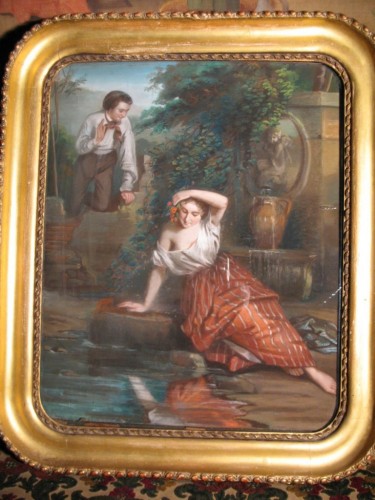 Gouache signée Gabriel Durand - Jeune femme se mirant dans l'eau d'une fontaine - Tableaux et dessins Style 